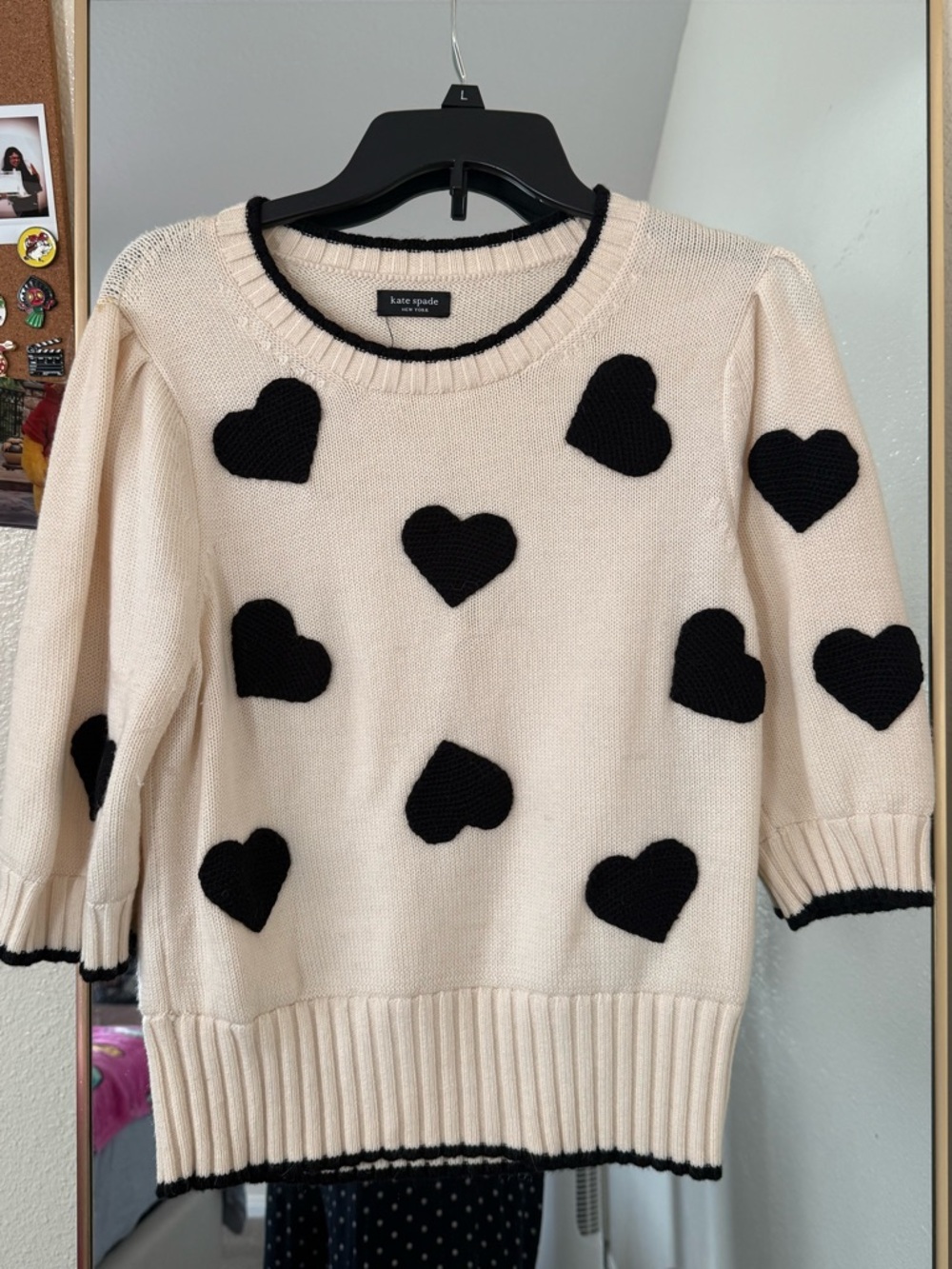 kate spade valentines Cream Sweater with Black Heart Motif